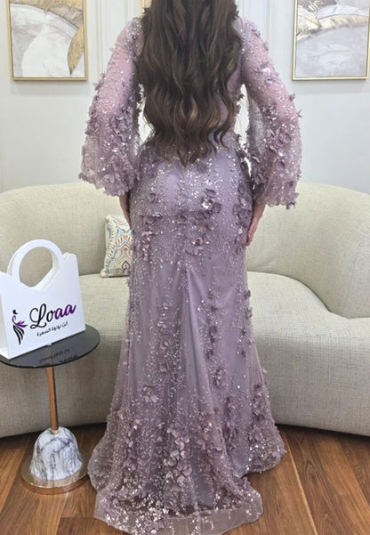 Sequin 3D Floral Long Sleeve Evening Gown