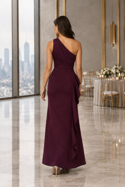 One-Shoulder Pleated Gown with Side Ruffle Slit