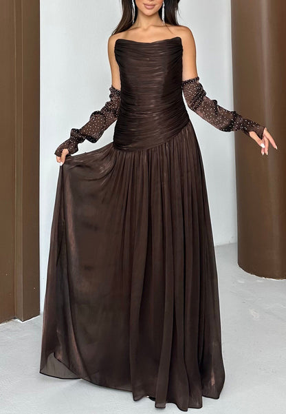 Ruched Strapless Maxi Gown with Sleeves