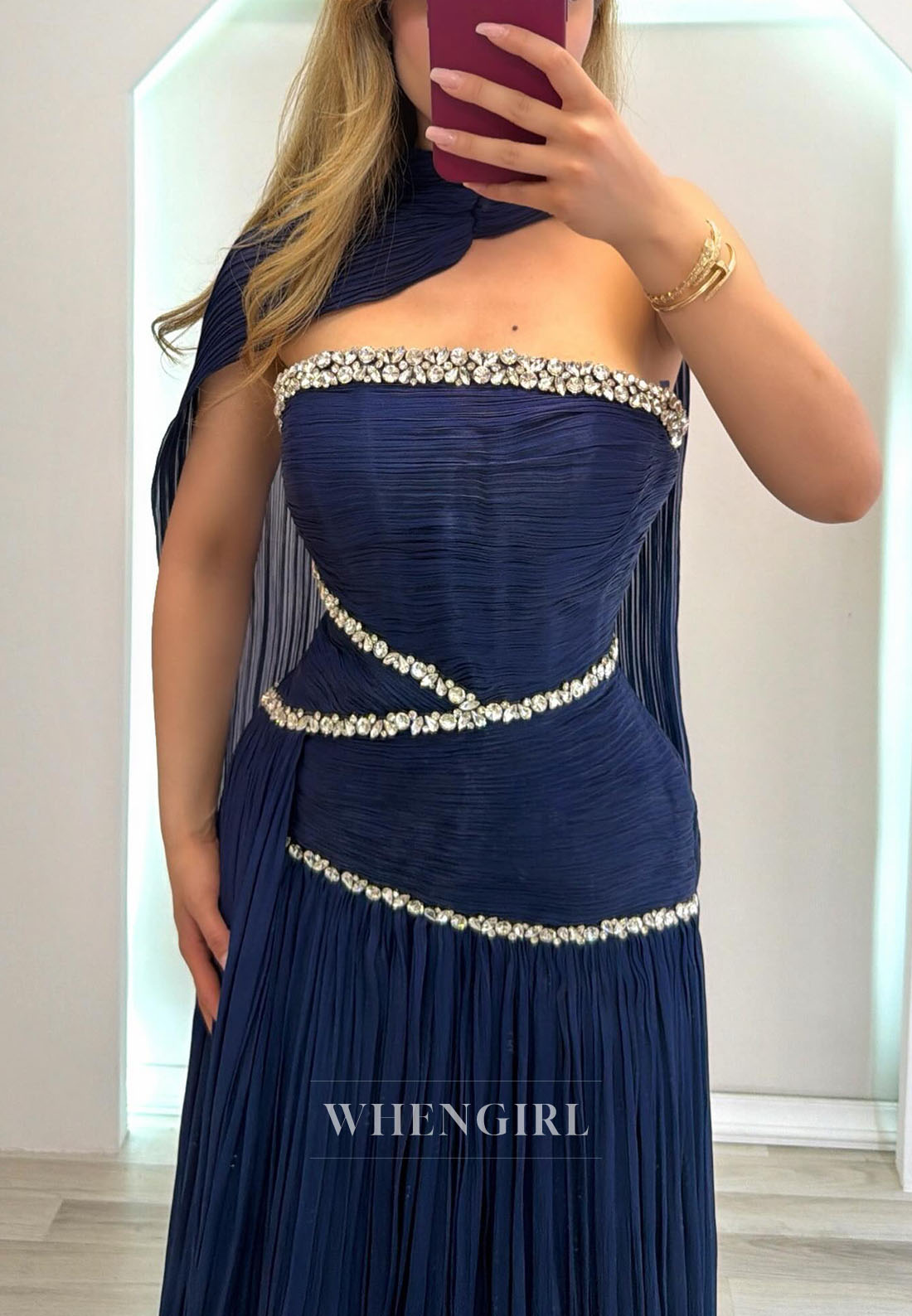 Pleated Chiffon Gown with Crystal Embellishments