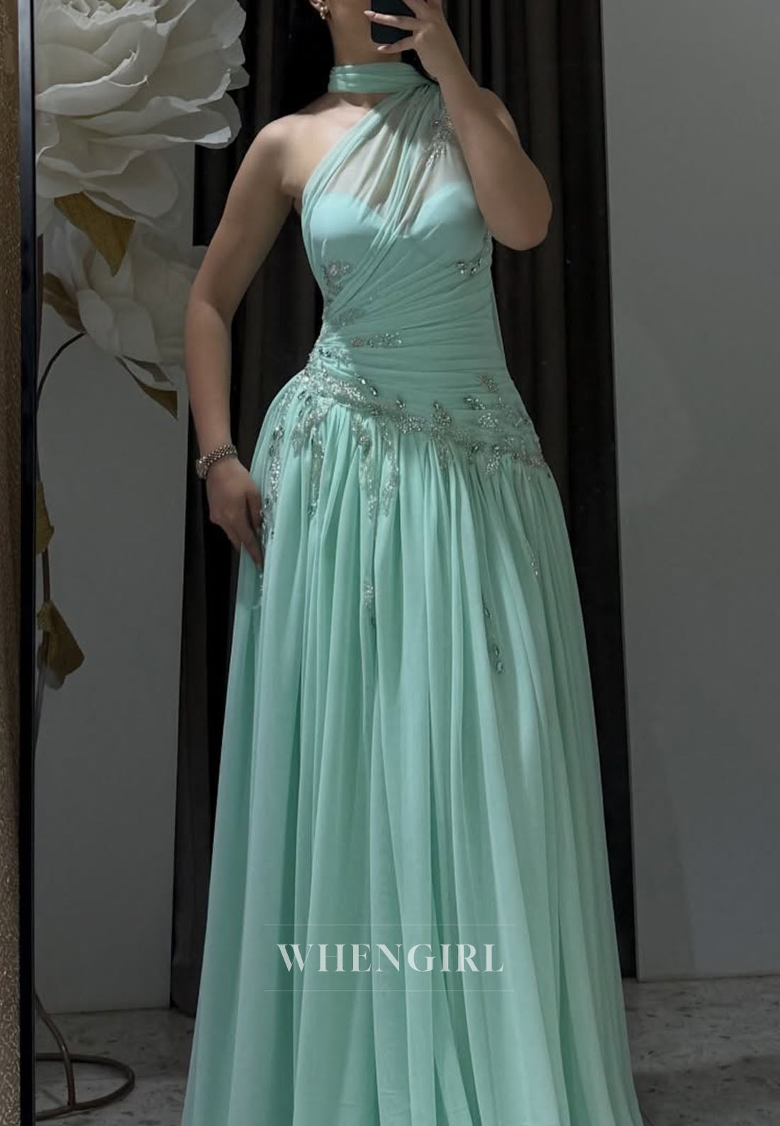One-Shoulder Pleated Chiffon Evening Gown