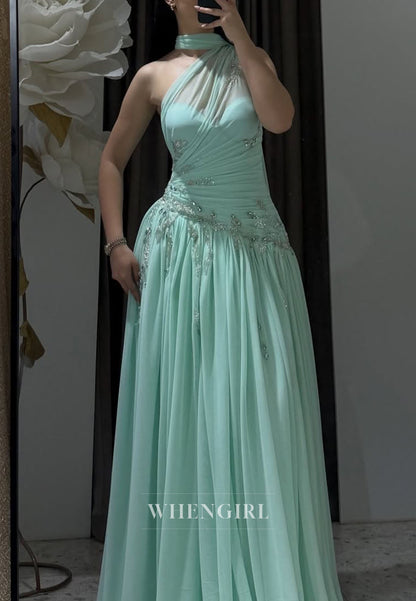 One-Shoulder Pleated Chiffon Evening Gown