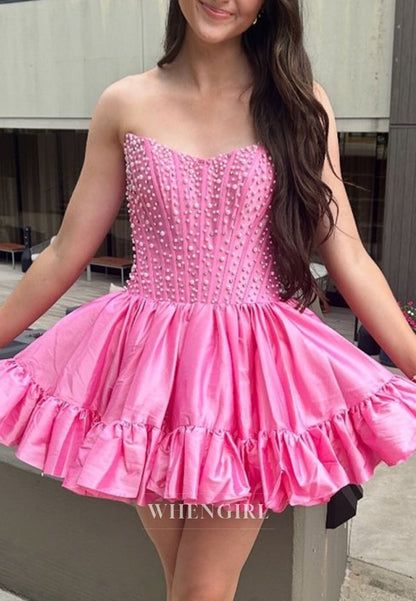 Strapless Pearl Corset Ruffled Mini Dress