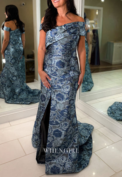 Off-Shoulder Floral Jacquard Gown with Slit