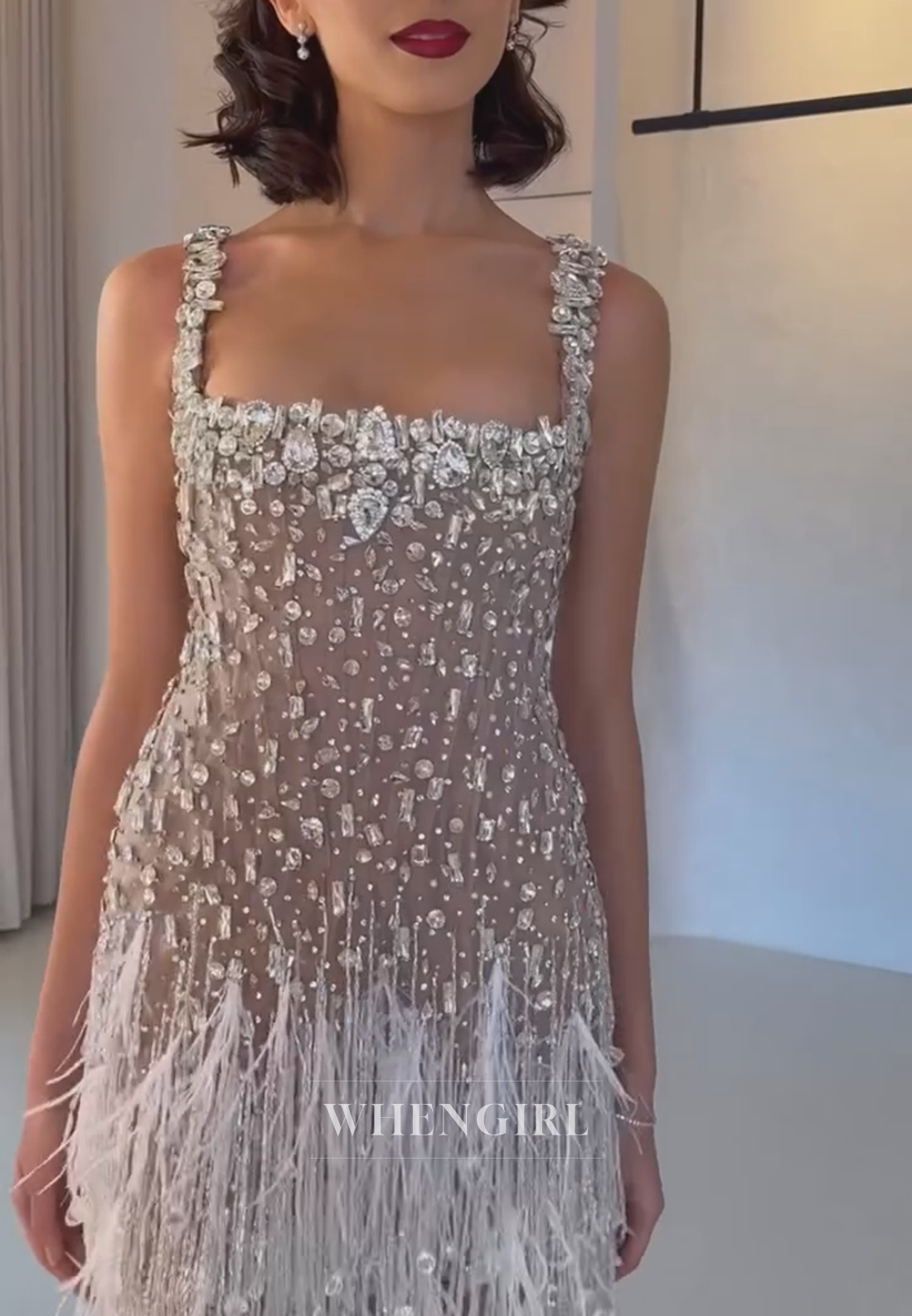 Rhinestone Embellished Feather Mini Dress