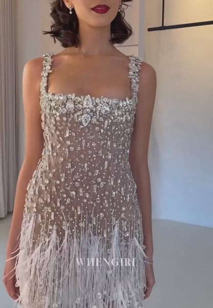 Rhinestone Embellished Feather Mini Dress