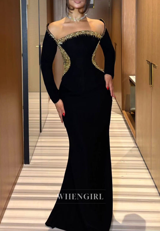 Off-the-Shoulder Long Sleeve Embellished Gown
