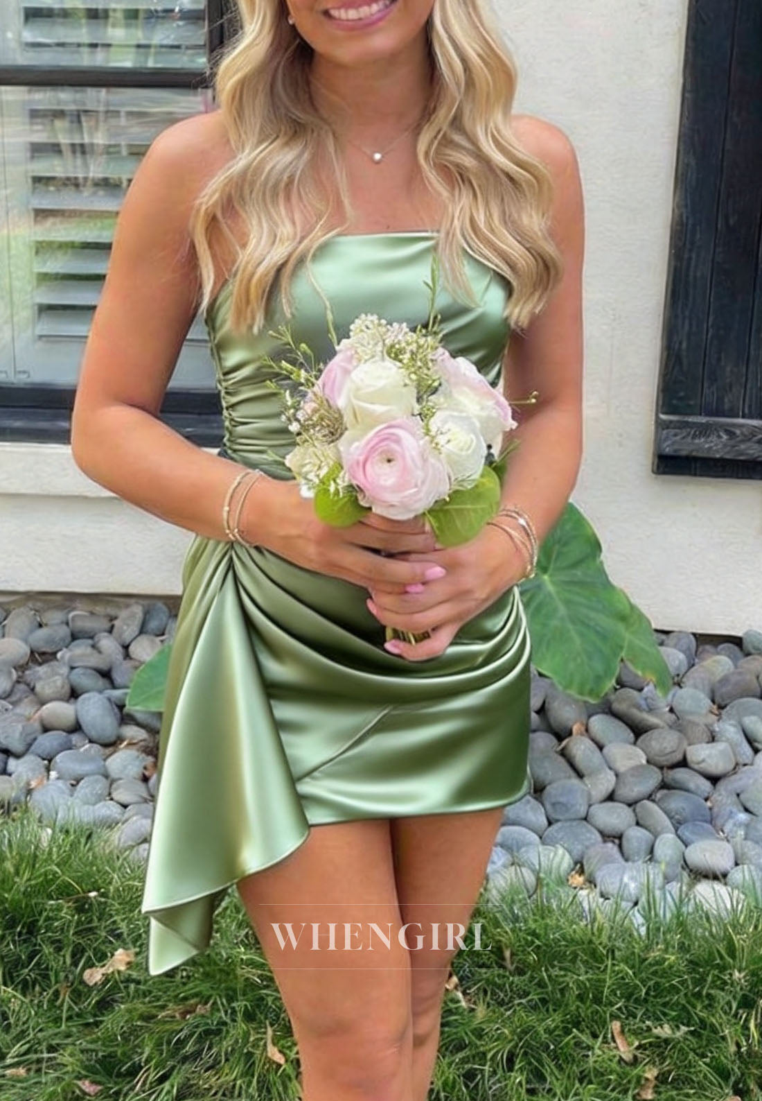 Strapless Satin Mini Dress with Side-Draped Asymmetrical Hem