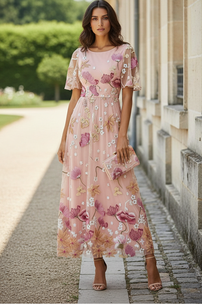 Floral Embroidered Mesh Flutter Sleeve Midi Dress