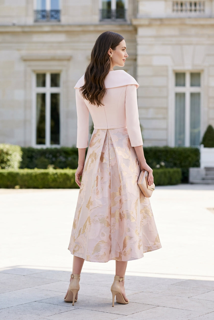 A-Line Midi Dress with Foldover Collar & Floral Skirt