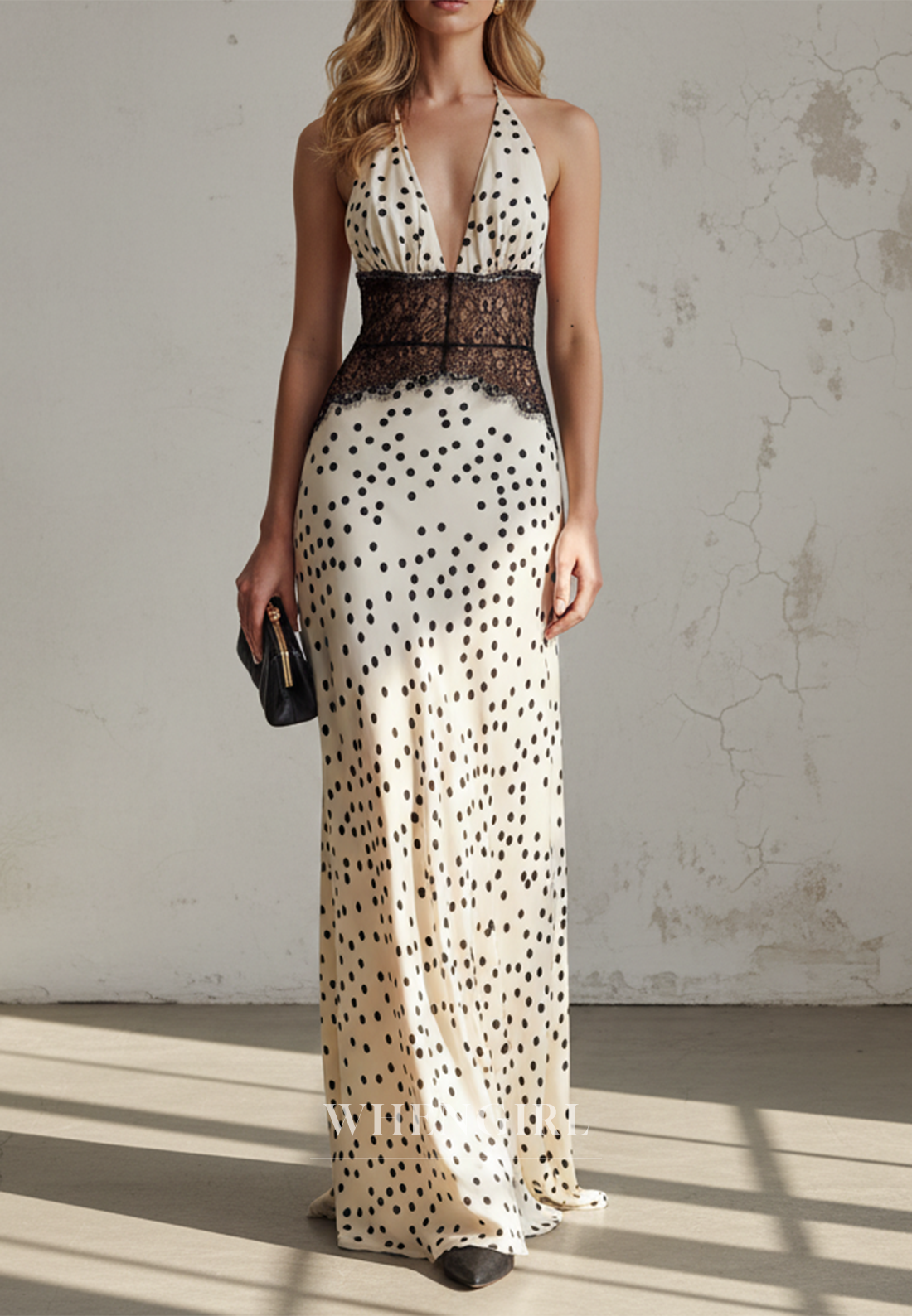 Halter Polka Dot Maxi Dress with Lace Corset