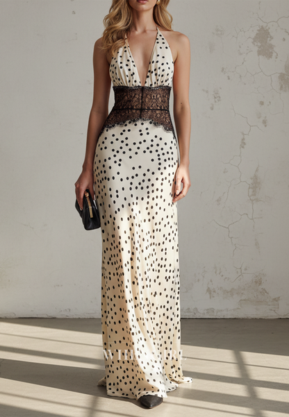 Halter Polka Dot Maxi Dress with Lace Corset
