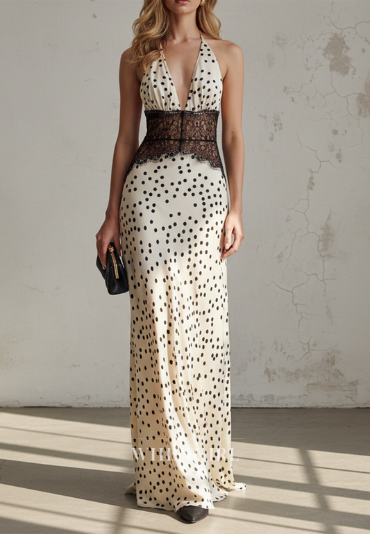 Halter Polka Dot Maxi Dress with Lace Corset