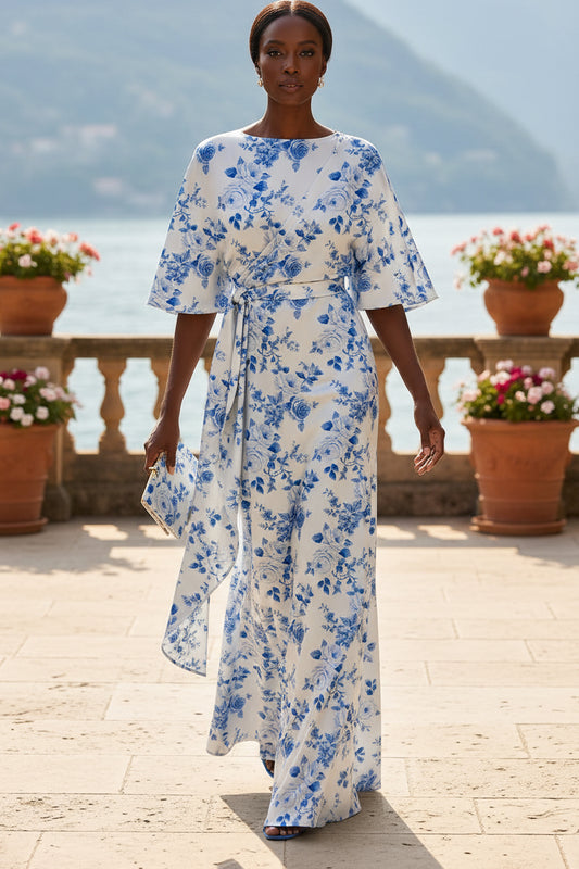 Floral Print Satin Bateau Neck Maxi Dress
