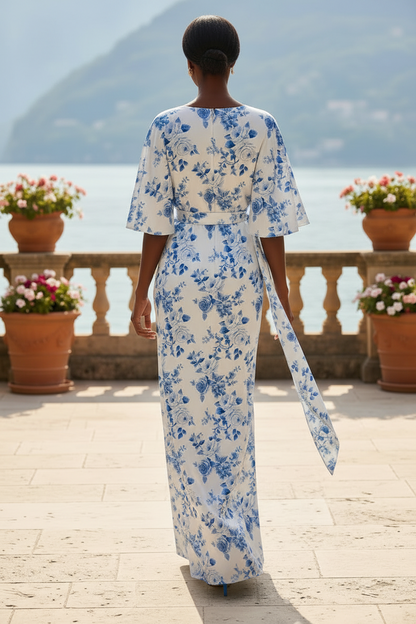 Floral Print Satin Bateau Neck Maxi Dress
