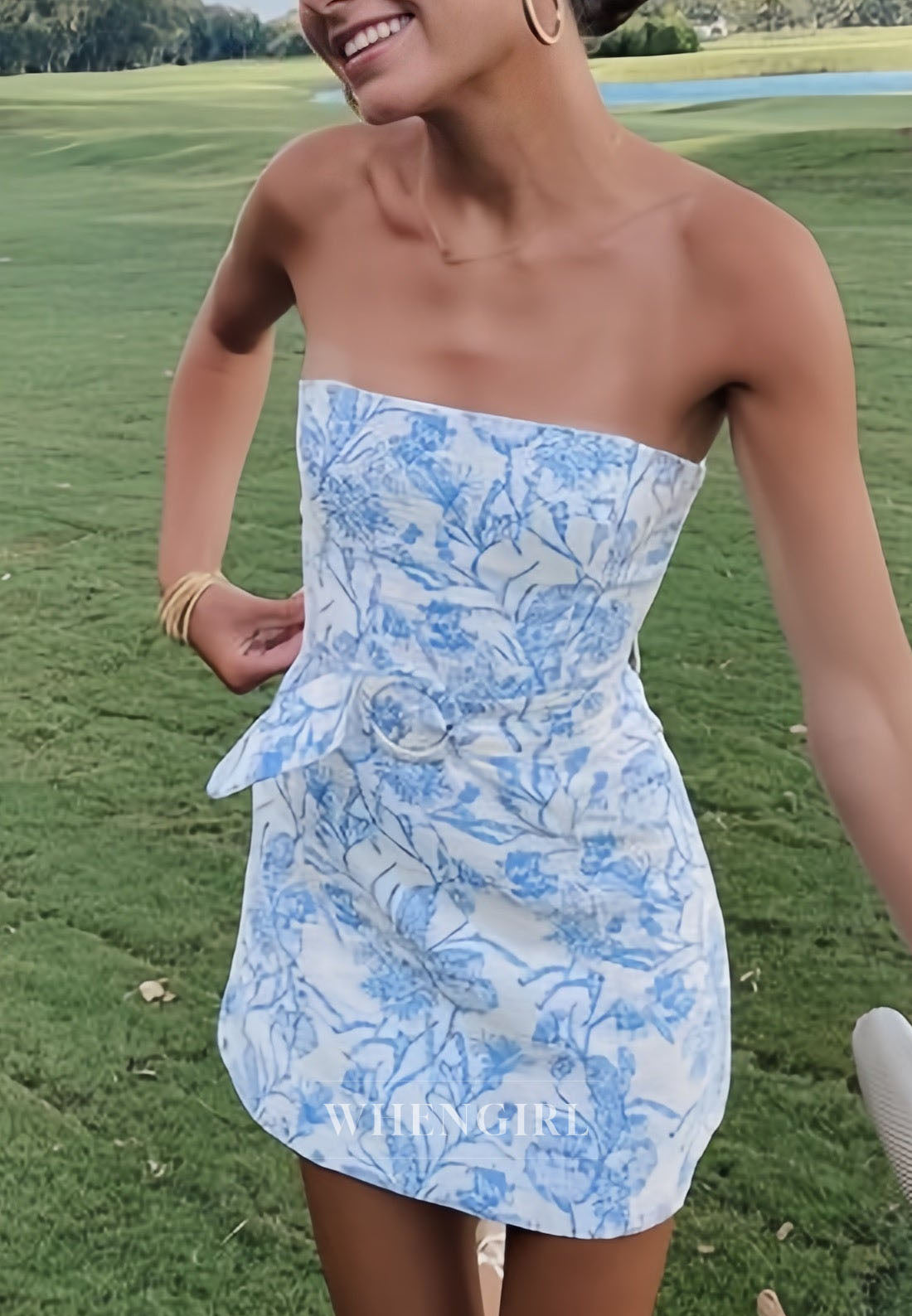Strapless Floral Print Mini Dress with Belt