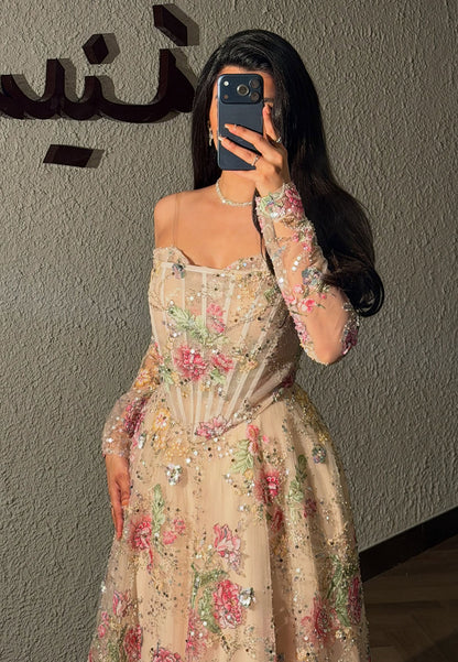 Floral Embroidered Corset Evening Gown