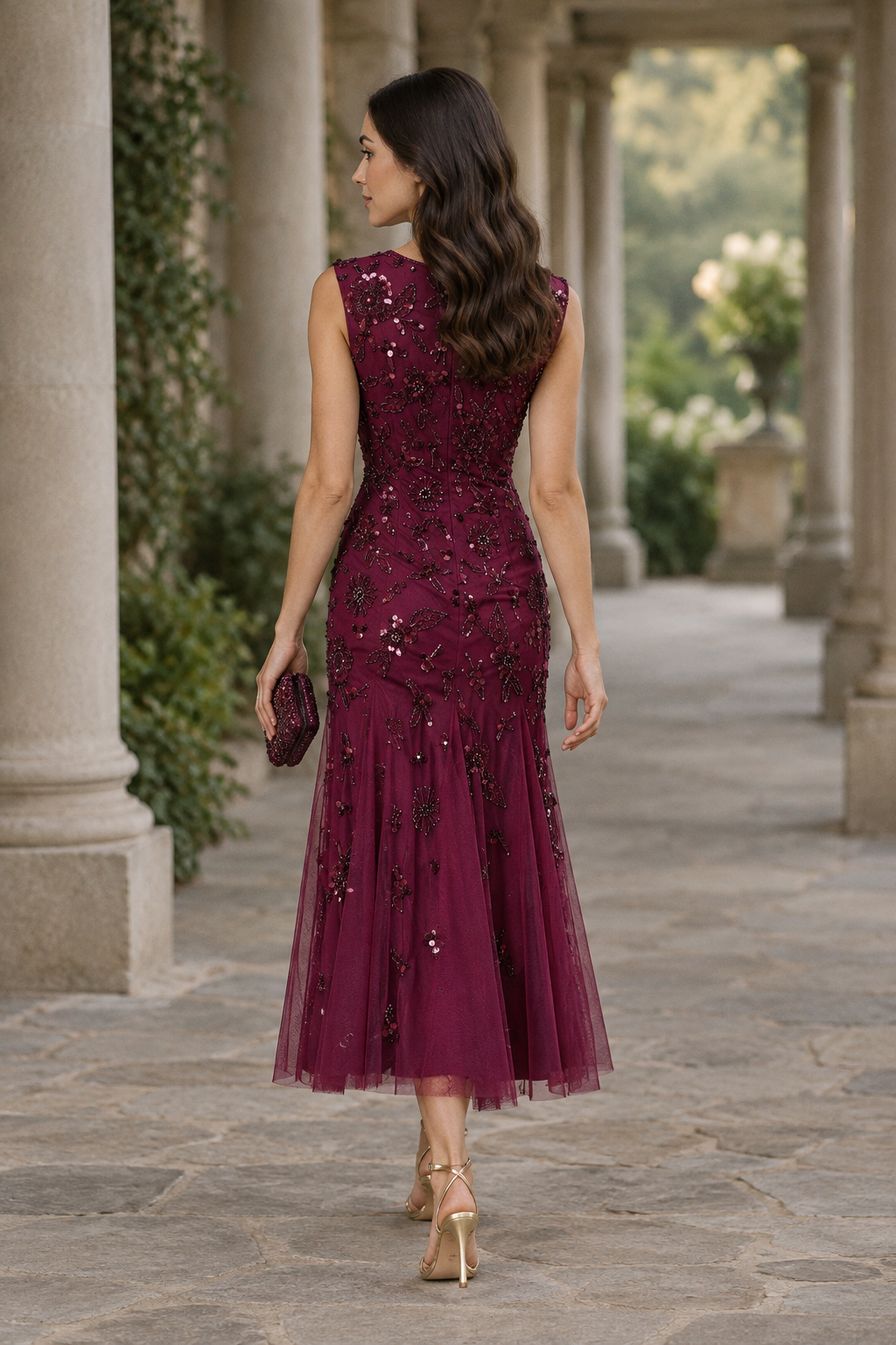 Sequin & Beaded Tulle Midi Dress with Godet Skirt