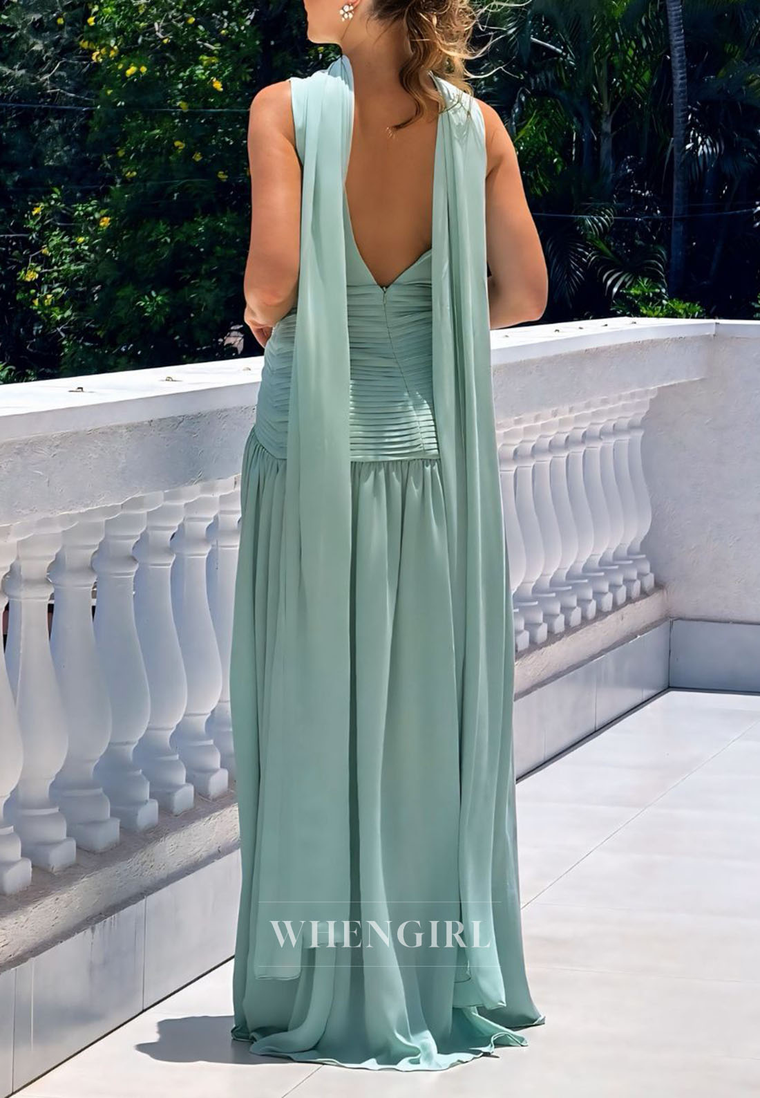 Pleated V-Neck Maxi Dress with Scarf Neckband