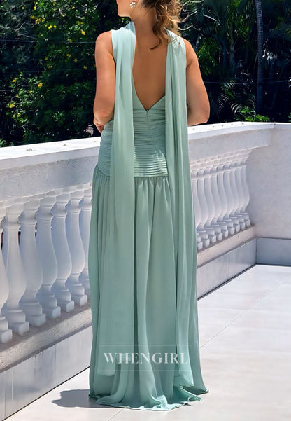 Pleated V-Neck Maxi Dress with Scarf Neckband