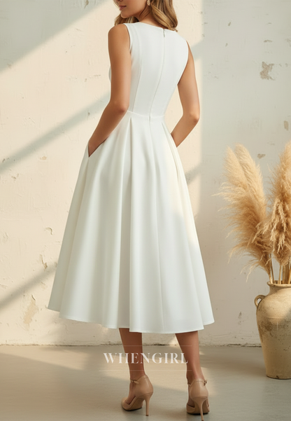 V-Neck Sleeveless Pleated Midi Dress with Pockets