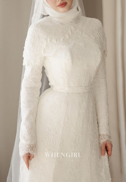 High Neck Lace Wedding Dress with Long Sleeves