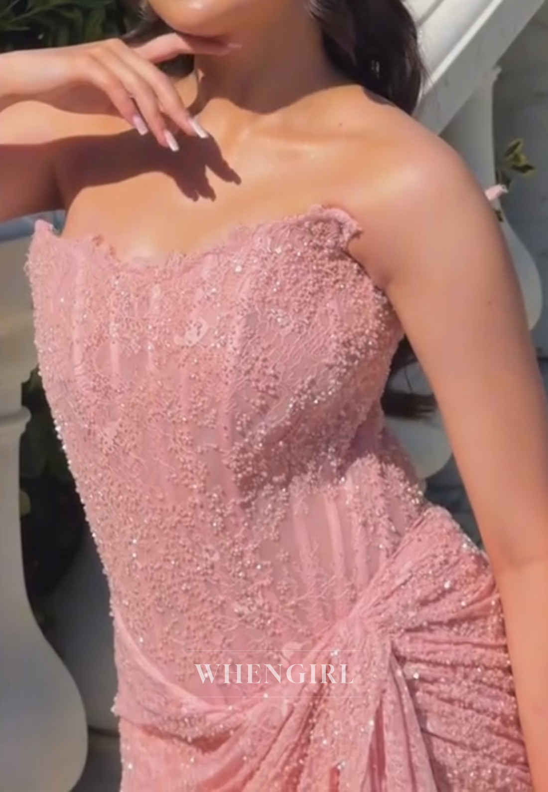 Strapless Beaded Corset Lace Gown with High Slit