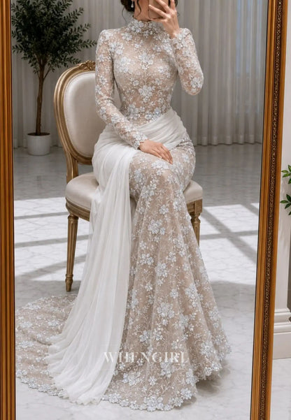High Neck Lace Mermaid Gown with Side Drape