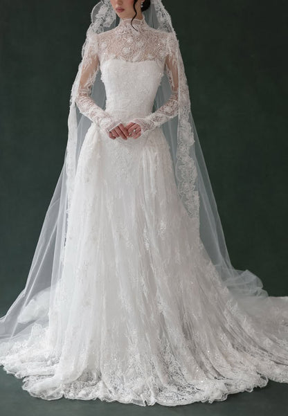 High Neck Lace Long Sleeve Wedding Dress