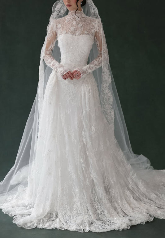 High Neck Lace Long Sleeve Wedding Dress