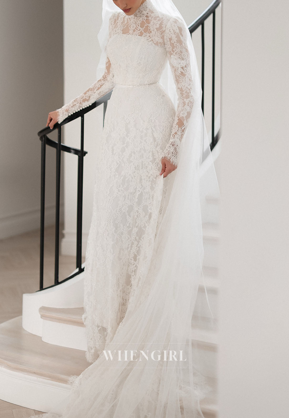 High Neck Long Sleeve Lace Column Wedding Dress