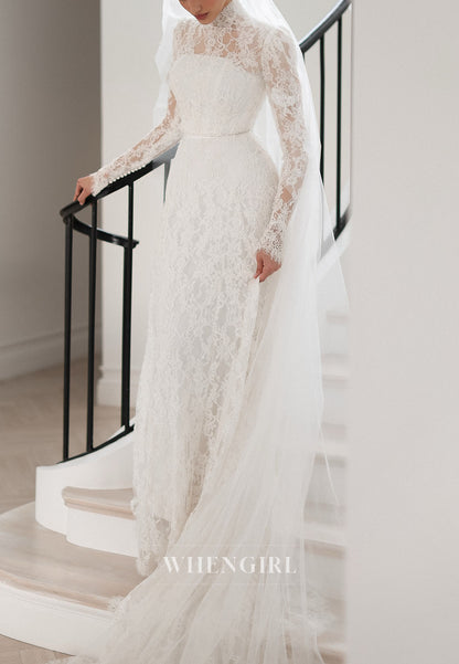 High Neck Long Sleeve Lace Column Wedding Dress
