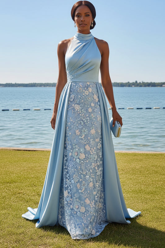 Halter Neck Embroidered Column Gown with Satin Overskirt