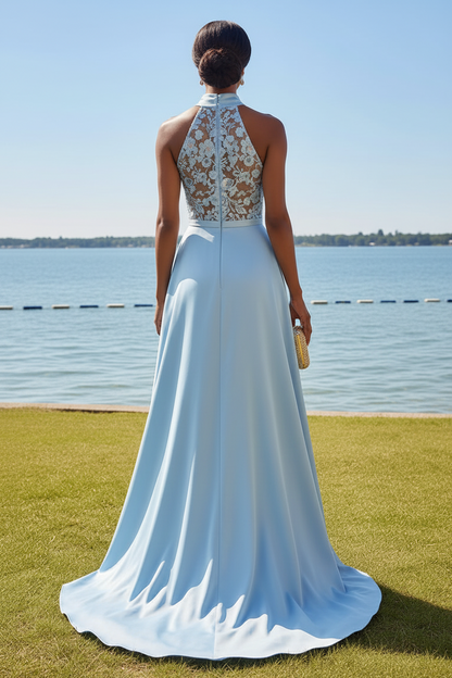 Halter Neck Embroidered Column Gown with Satin Overskirt