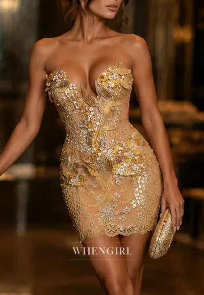 Strapless Corset Mini Dress with 3D Leaf Appliques