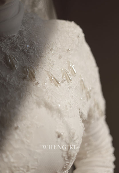 High Neck Lace Wedding Dress with Long Sleeves