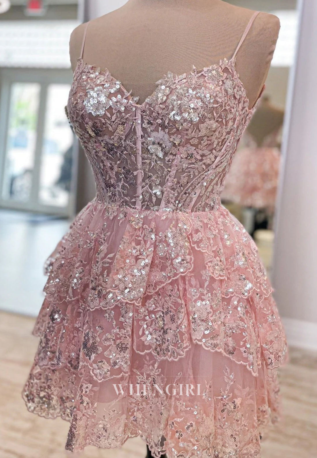 Tiered Sequin Corset Mini Dress with Spaghetti Straps