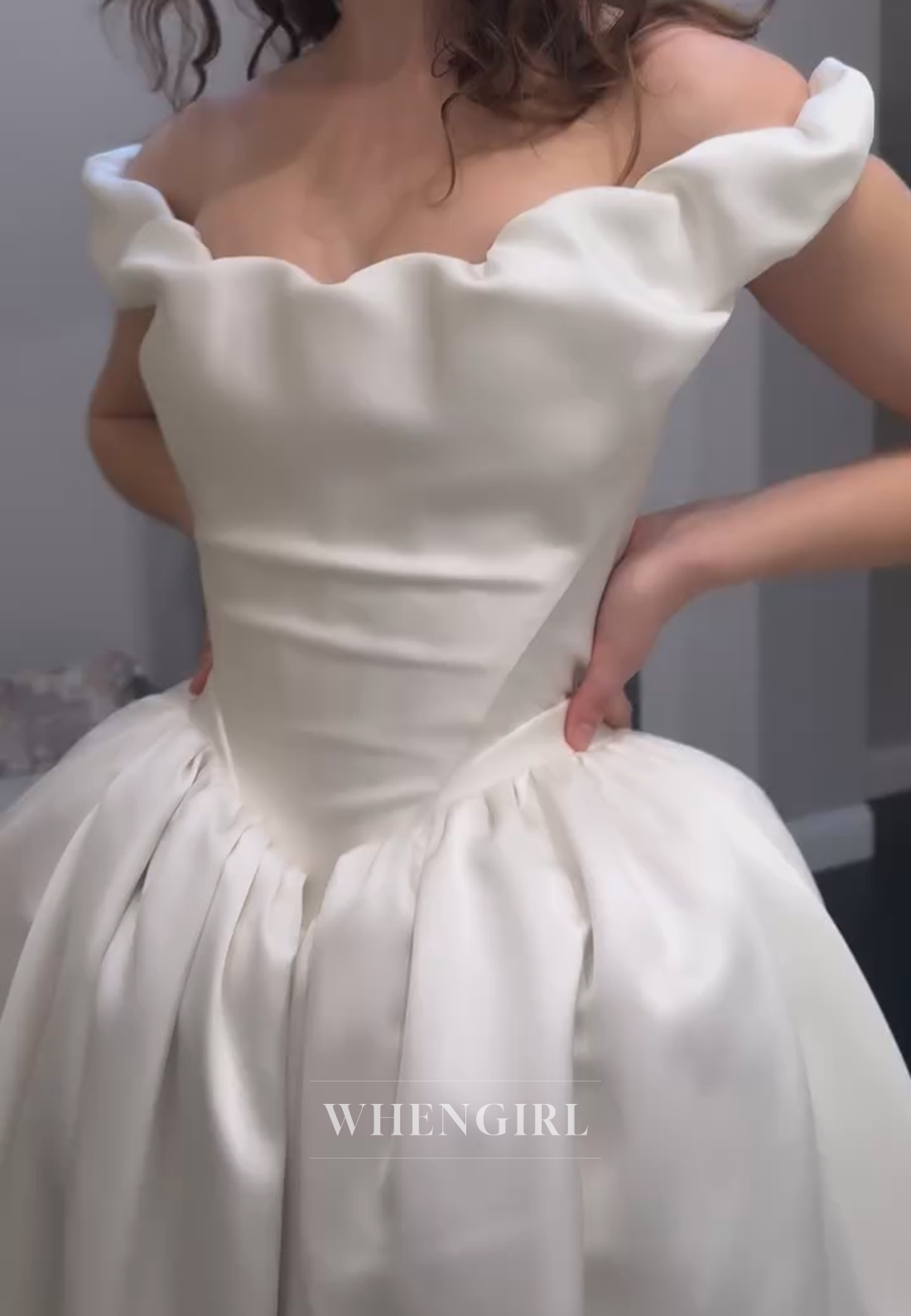 Off-the-Shoulder Pleated Ball Gown Wedding Dress