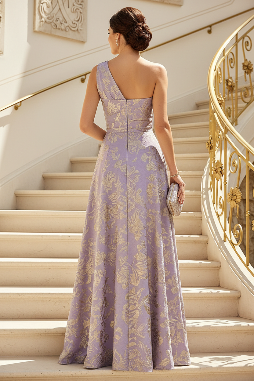 Metallic Floral One-Shoulder Evening Dress