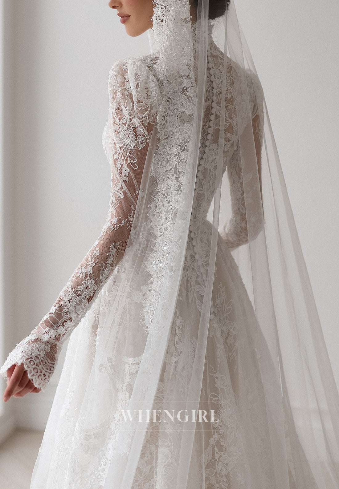 High Neck Lace Wedding Dress with Long Sleeves