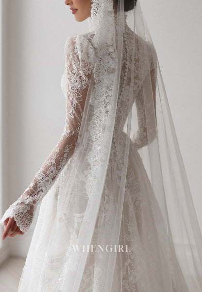 High Neck Lace Wedding Dress with Long Sleeves