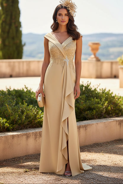 Lace Applique V-Neck Gown with Side Ruffle Slit