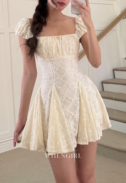 Lace Puff Sleeve Corset Pleated Mini Dress