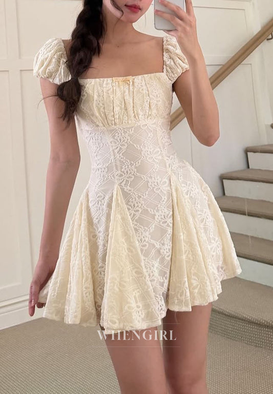 Lace Puff Sleeve Corset Pleated Mini Dress
