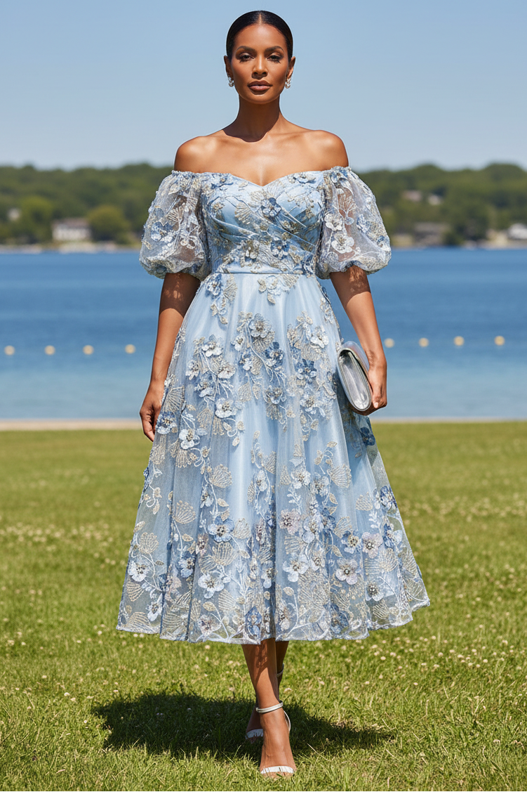 Embroidered 3D Floral Off-the-Shoulder Midi Dress