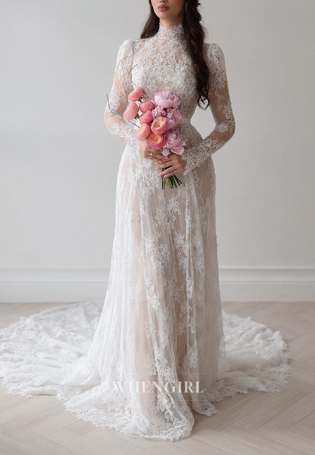 Vintage High Neck Long Sleeve Lace A-Line Wedding Dress