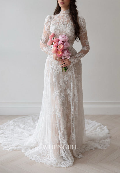 Vintage High Neck Long Sleeve Lace A-Line Wedding Dress