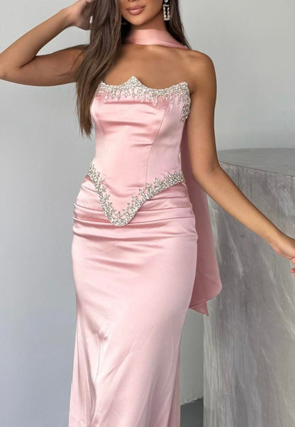 Beaded Basq Satin Gown with Neck Scarf