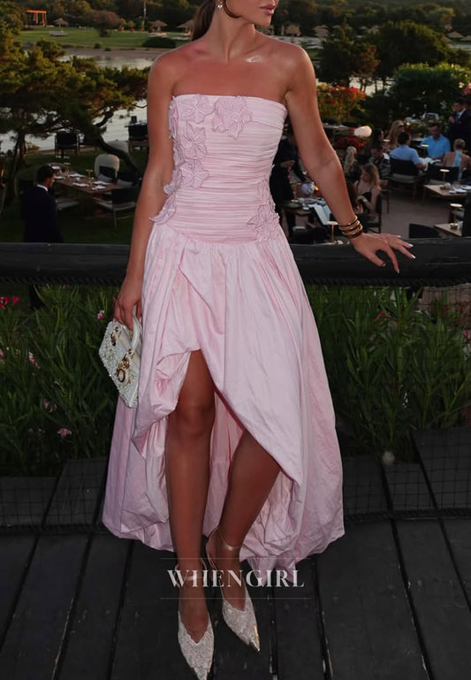 Strapless Ruched High Low Gown with 3D Florals