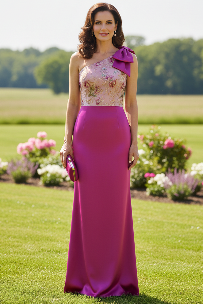 One-Shoulder Floral Applique Satin Gown